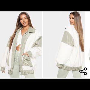 Sage Green Borg Contrast Pocket Front Coat. Sz XS